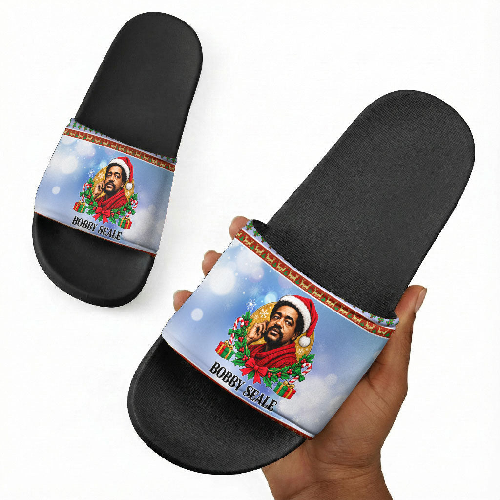 Bobby Seale Christmas Slide Sandals Retro Ugly Christmas Pattern Festive Activist Portrait