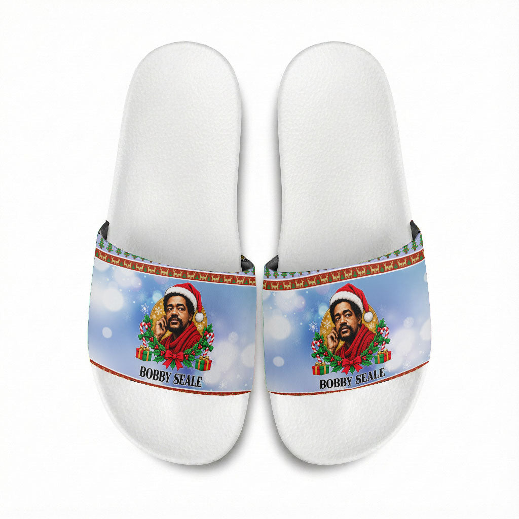 Bobby Seale Christmas Slide Sandals Retro Ugly Christmas Pattern Festive Activist Portrait