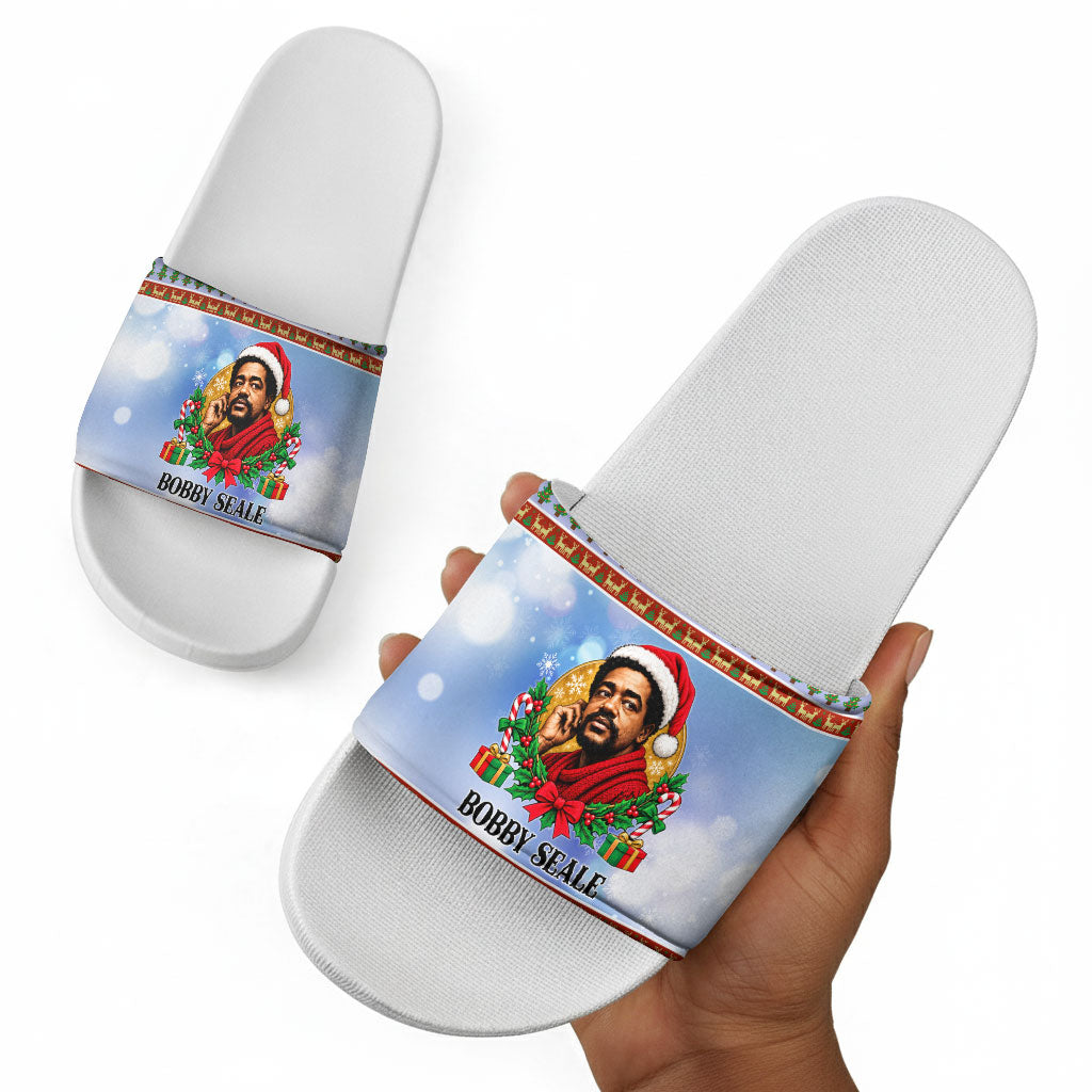 Bobby Seale Christmas Slide Sandals Retro Ugly Christmas Pattern Festive Activist Portrait