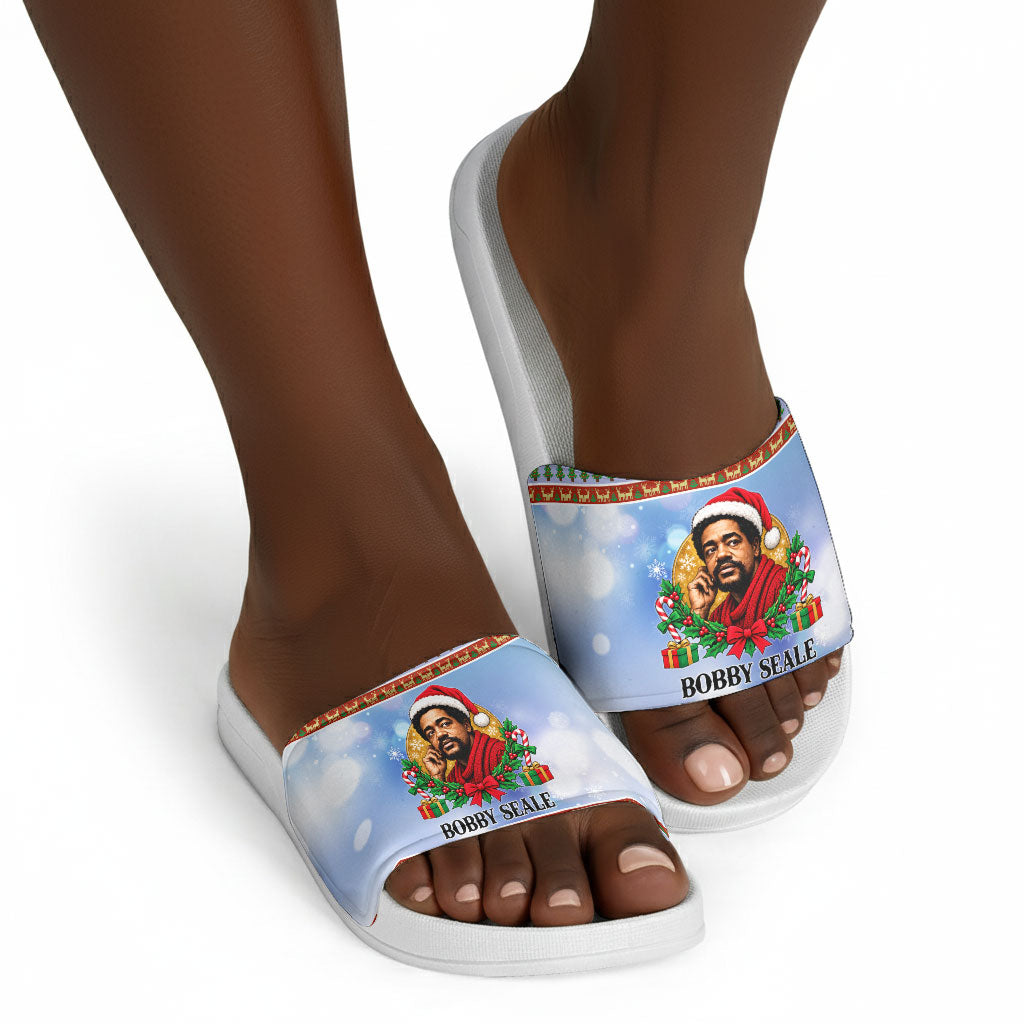 Bobby Seale Christmas Slide Sandals Retro Ugly Christmas Pattern Festive Activist Portrait