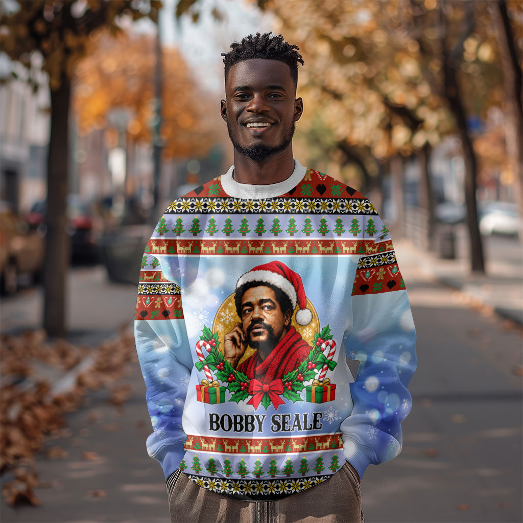 Bobby Seale Christmas Sweatshirt Retro Ugly Christmas Pattern Festive Activist Portrait