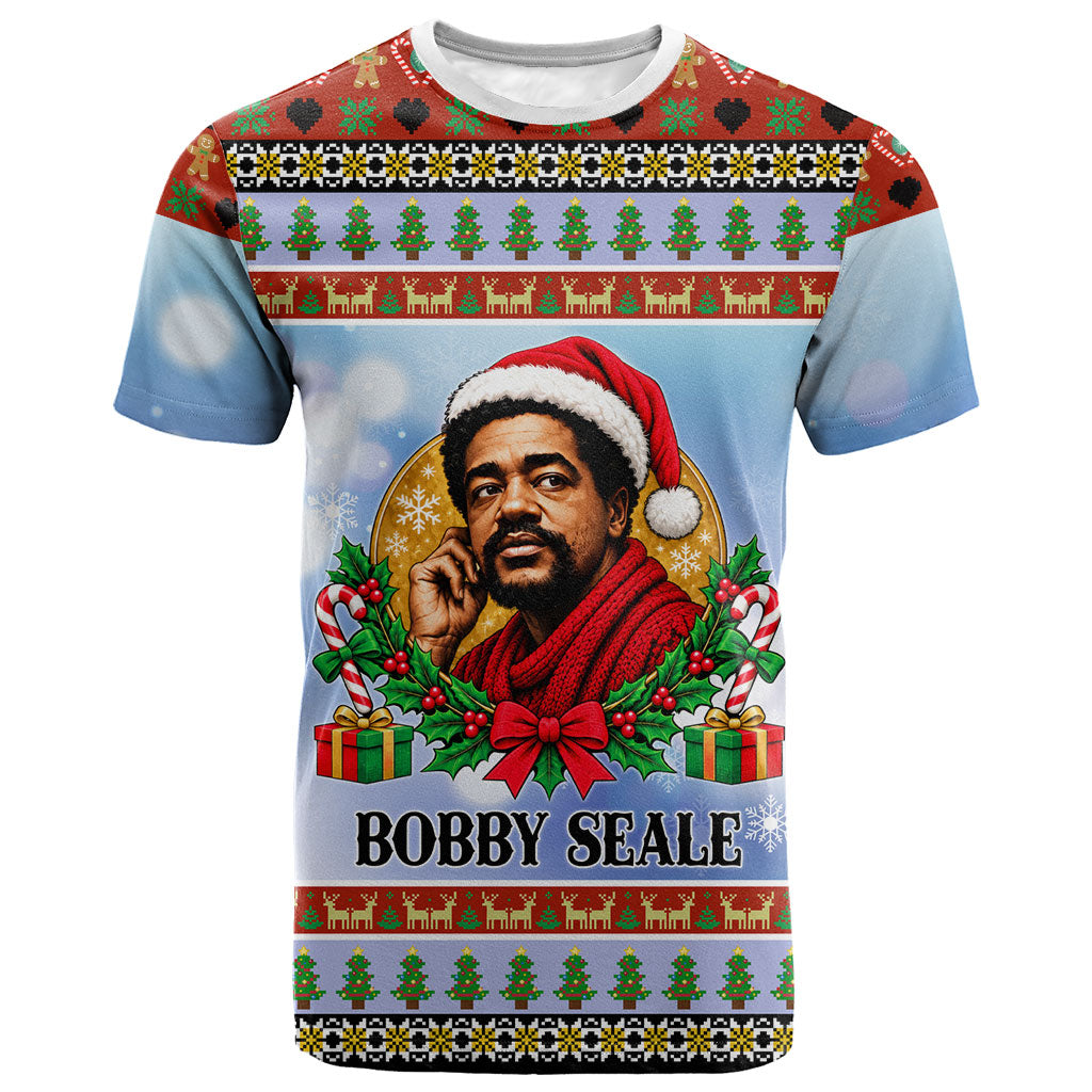Bobby Seale Christmas T shirt Retro Ugly Christmas Pattern Festive Activist Portrait