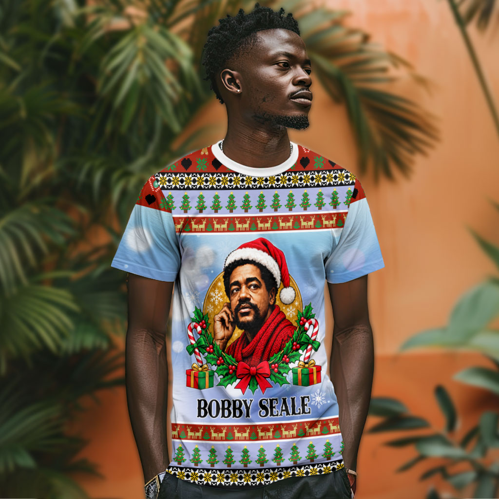 Bobby Seale Christmas T shirt Retro Ugly Christmas Pattern Festive Activist Portrait