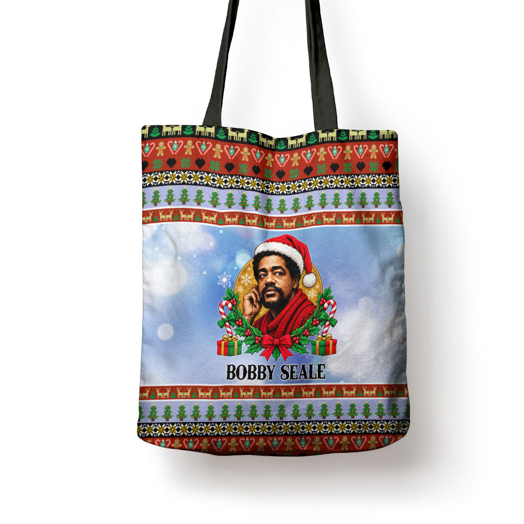 Bobby Seale Christmas Tote Bag Retro Ugly Christmas Pattern Festive Activist Portrait
