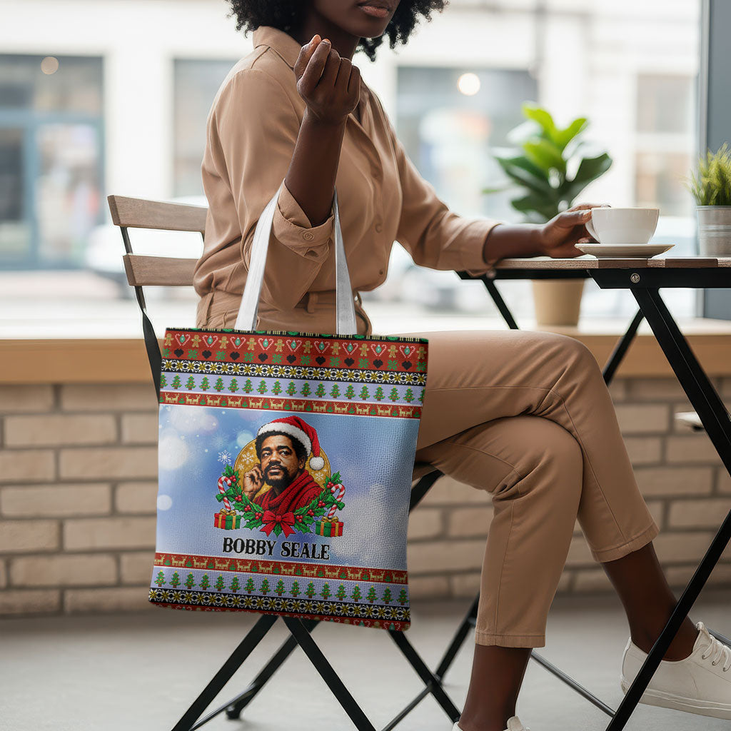 Bobby Seale Christmas Tote Bag Retro Ugly Christmas Pattern Festive Activist Portrait