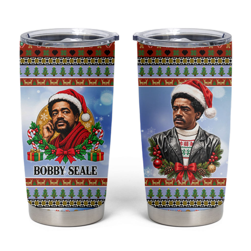 Bobby Seale Christmas Tumbler Cup Retro Ugly Christmas Pattern Festive Activist Portrait