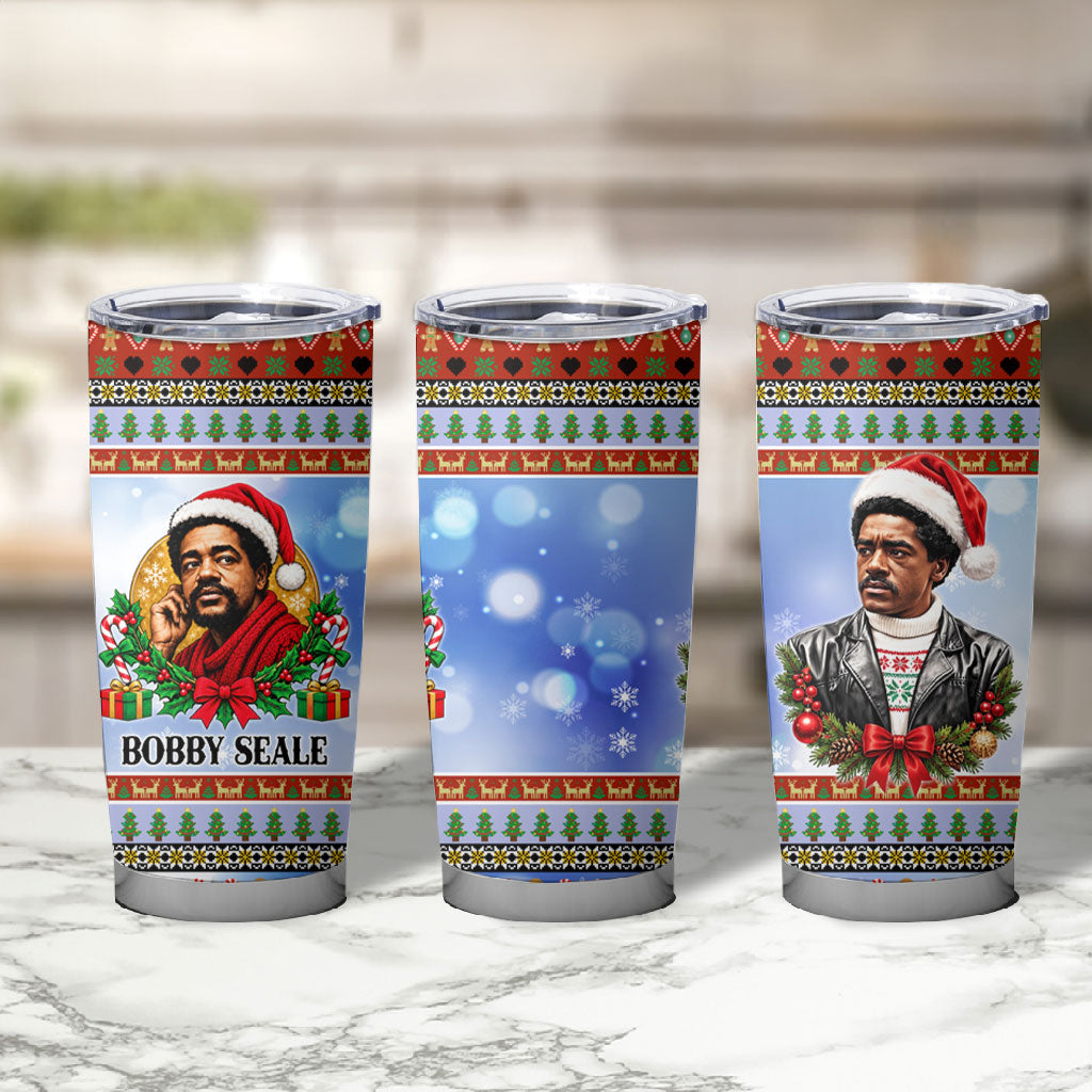 Bobby Seale Christmas Tumbler Cup Retro Ugly Christmas Pattern Festive Activist Portrait