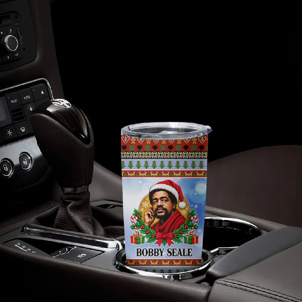 Bobby Seale Christmas Tumbler Cup Retro Ugly Christmas Pattern Festive Activist Portrait