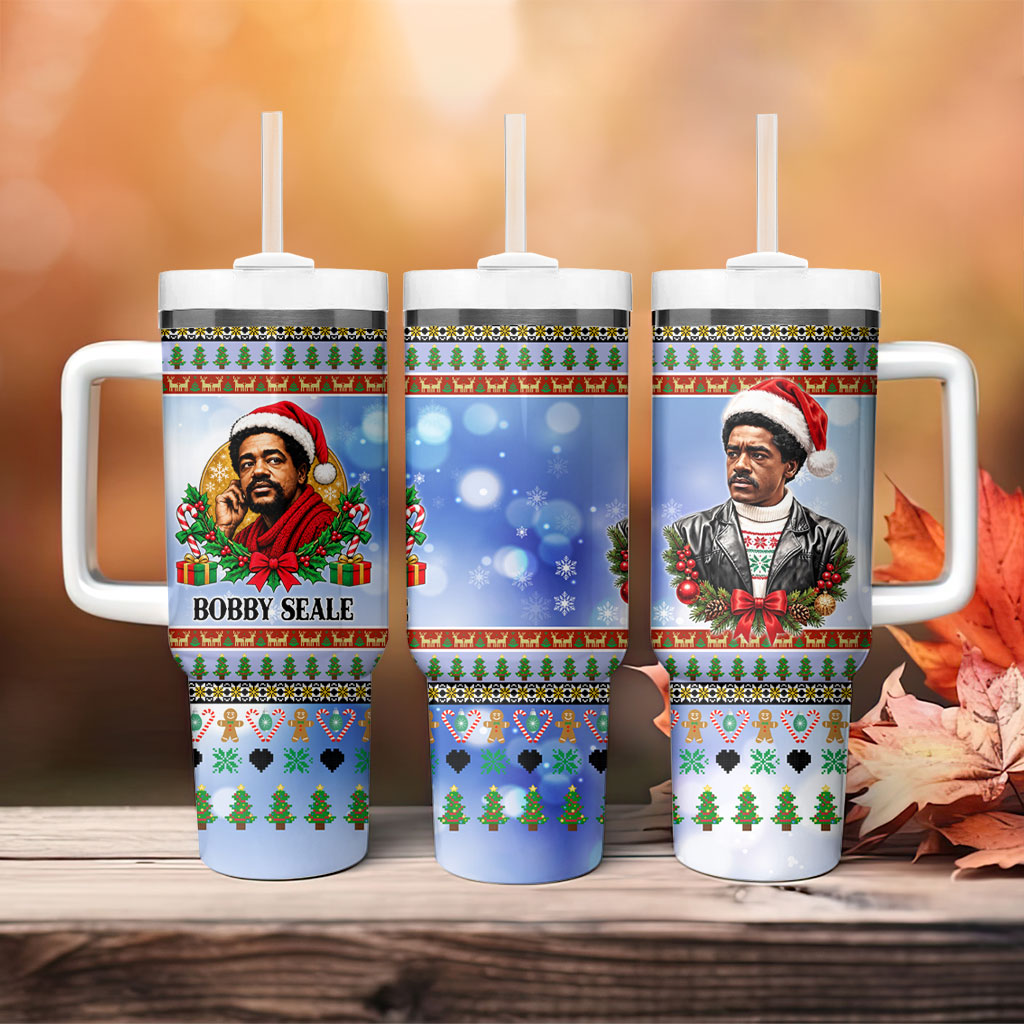 Bobby Seale Christmas Tumbler With Handle Retro Ugly Christmas Pattern Festive Activist Portrait