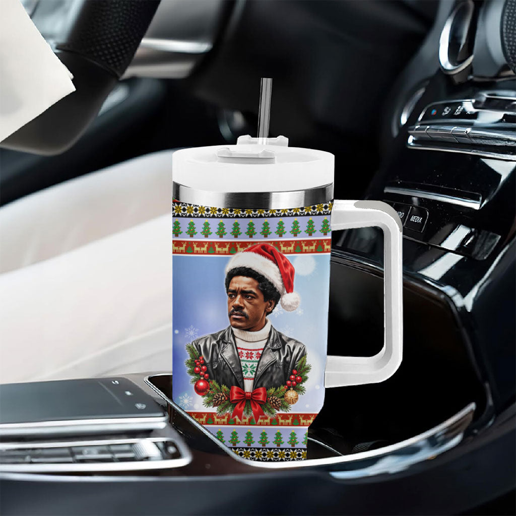 Bobby Seale Christmas Tumbler With Handle Retro Ugly Christmas Pattern Festive Activist Portrait