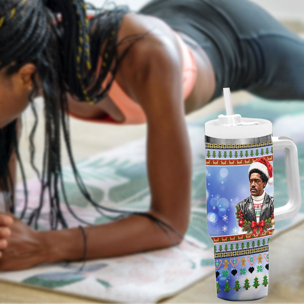 Bobby Seale Christmas Tumbler With Handle Retro Ugly Christmas Pattern Festive Activist Portrait