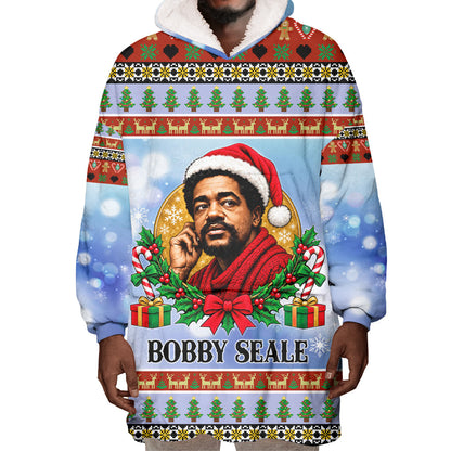 Bobby Seale Christmas Wearable Blanket Hoodie Retro Ugly Christmas Pattern Festive Activist Portrait