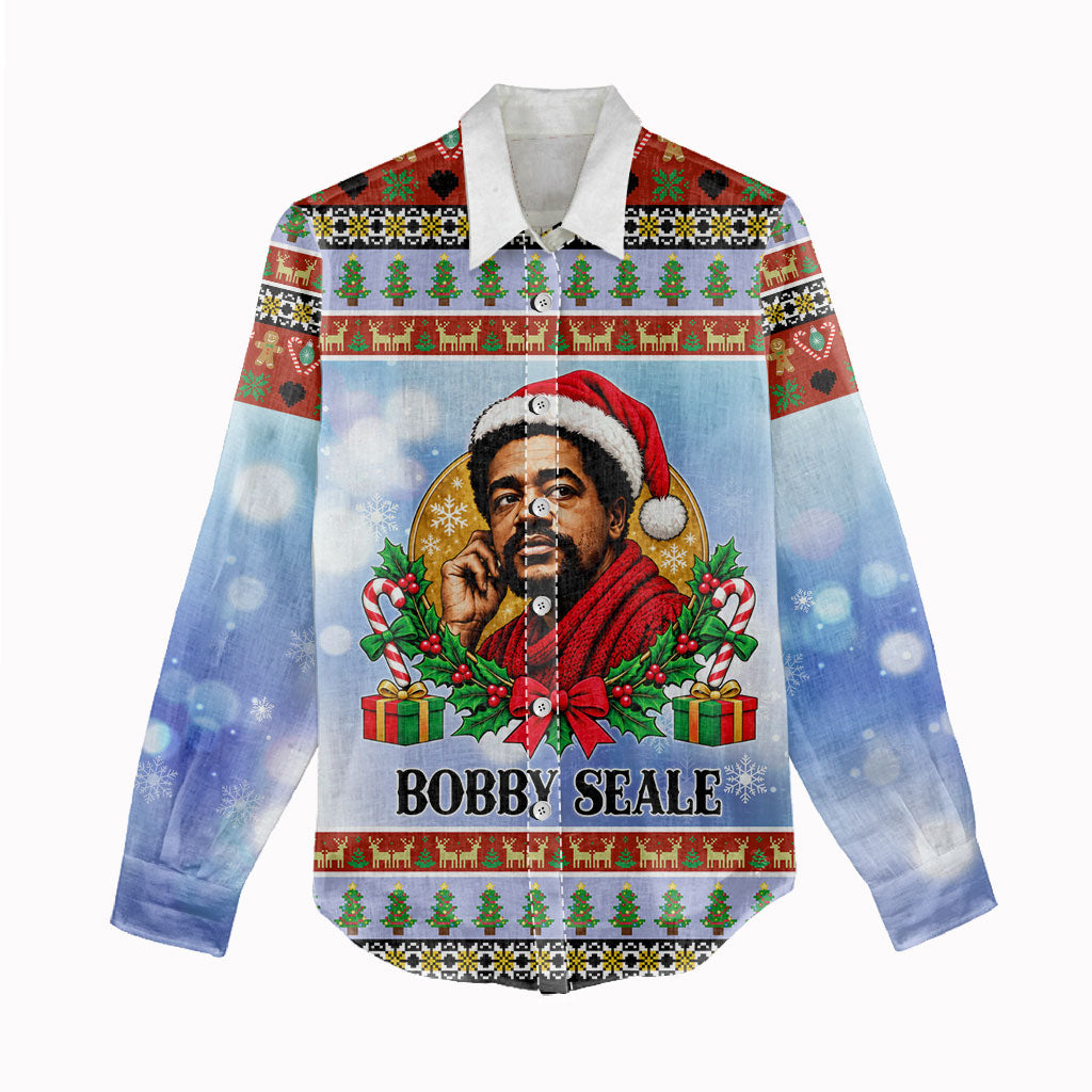 Bobby Seale Christmas Women Casual Shirt Retro Ugly Christmas Pattern Festive Activist Portrait