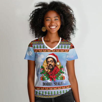 Bobby Seale Christmas Women V-Neck T-Shirt Retro Ugly Christmas Pattern Festive Activist Portrait