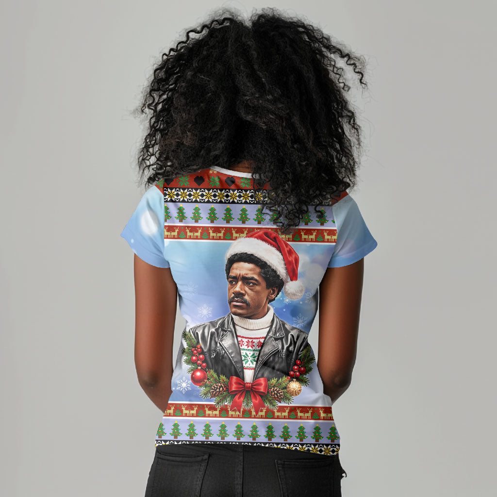 Bobby Seale Christmas Women V-Neck T-Shirt Retro Ugly Christmas Pattern Festive Activist Portrait