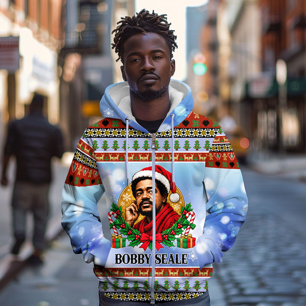 Bobby Seale Christmas Zip Hoodie Retro Ugly Christmas Pattern Festive Activist Portrait