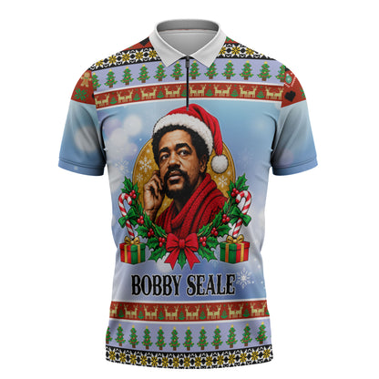 Bobby Seale Christmas Zipper Polo Shirt Retro Ugly Christmas Pattern Festive Activist Portrait