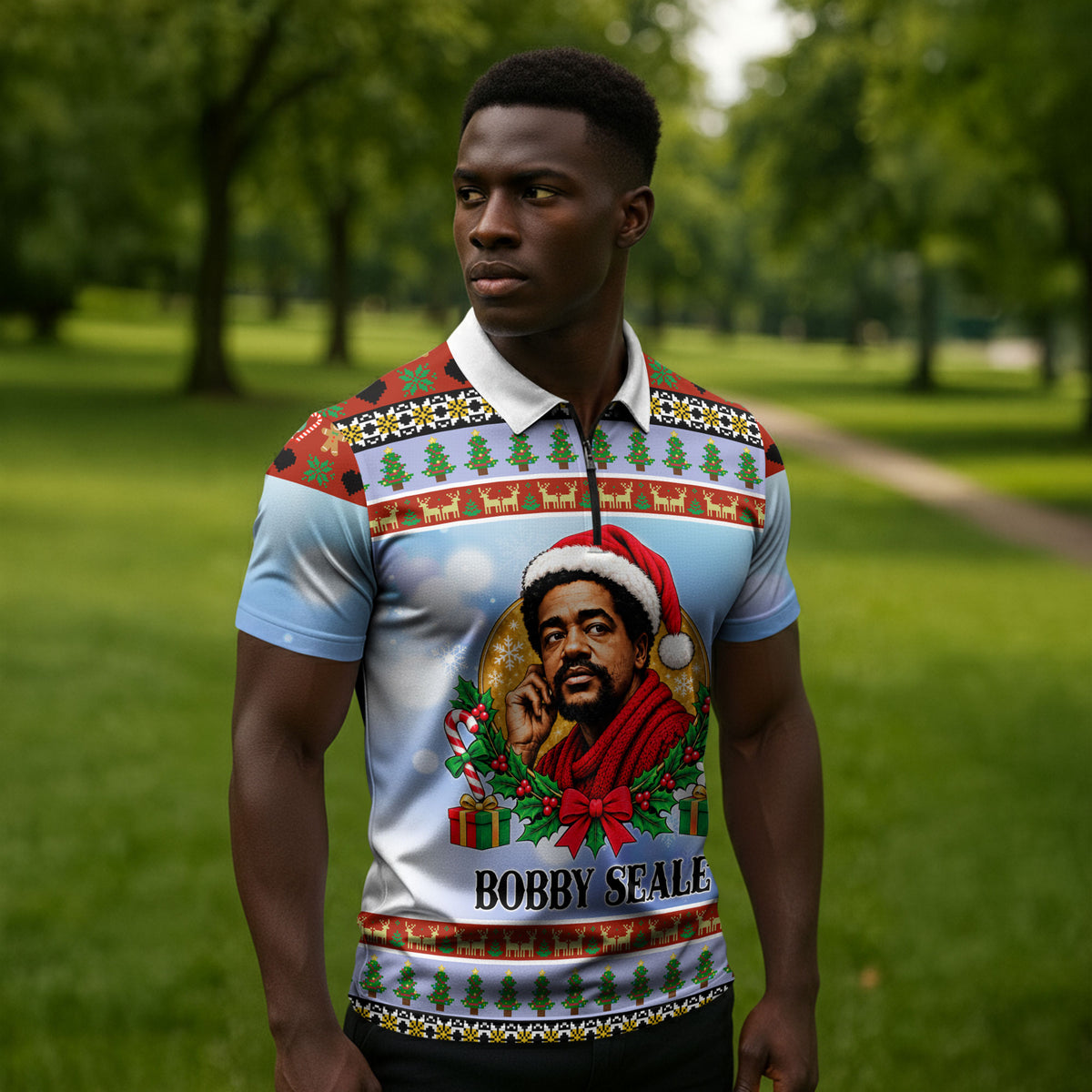 Bobby Seale Christmas Zipper Polo Shirt Retro Ugly Christmas Pattern Festive Activist Portrait