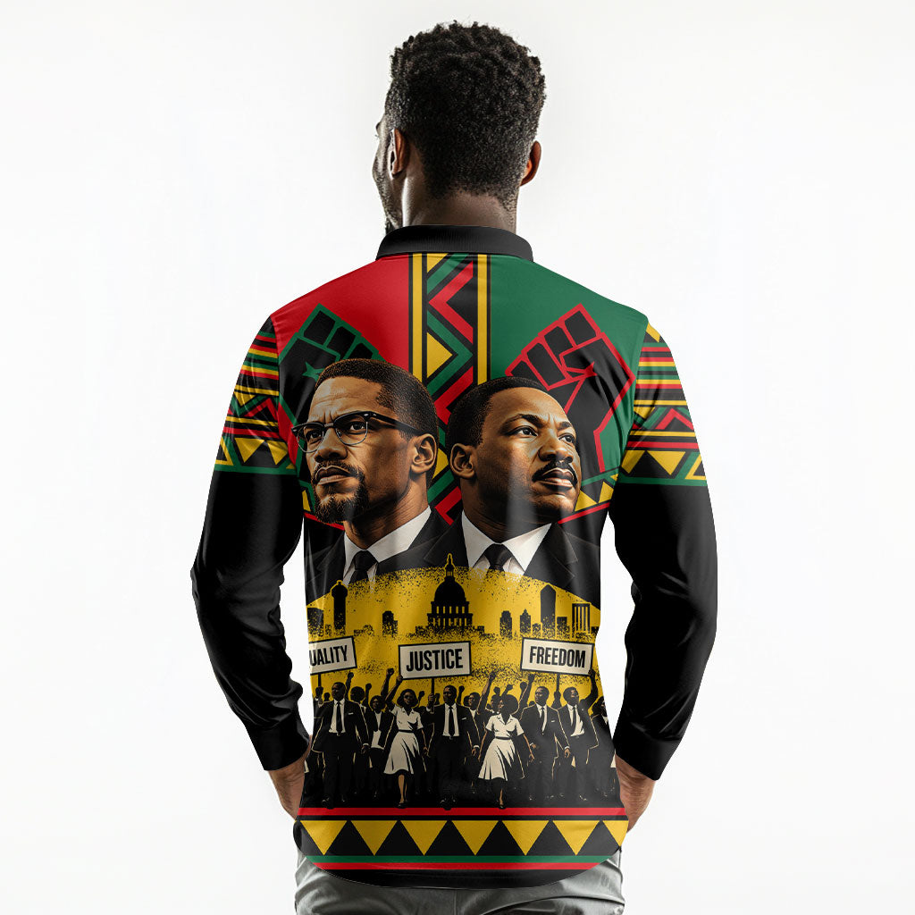 Martin Luther King Jr And Malcolm X Long Sleeve Polo Shirt Civil Rights Leaders - Black History Equality Freedom March