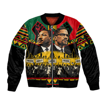 Martin Luther King Jr And Malcolm X Sleeve Zip Bomber Jacket Civil Rights Leaders - Black History Equality Freedom March