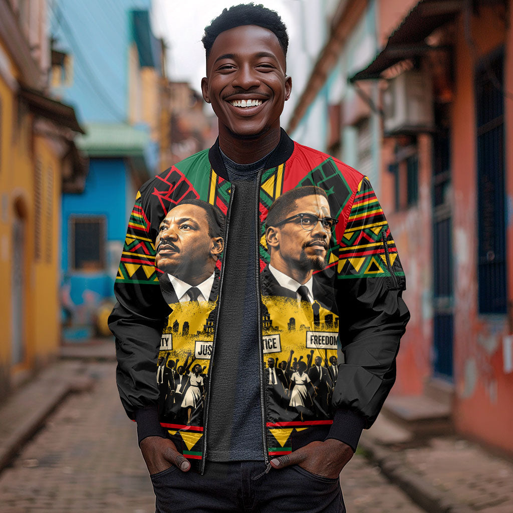 Martin Luther King Jr And Malcolm X Sleeve Zip Bomber Jacket Civil Rights Leaders - Black History Equality Freedom March