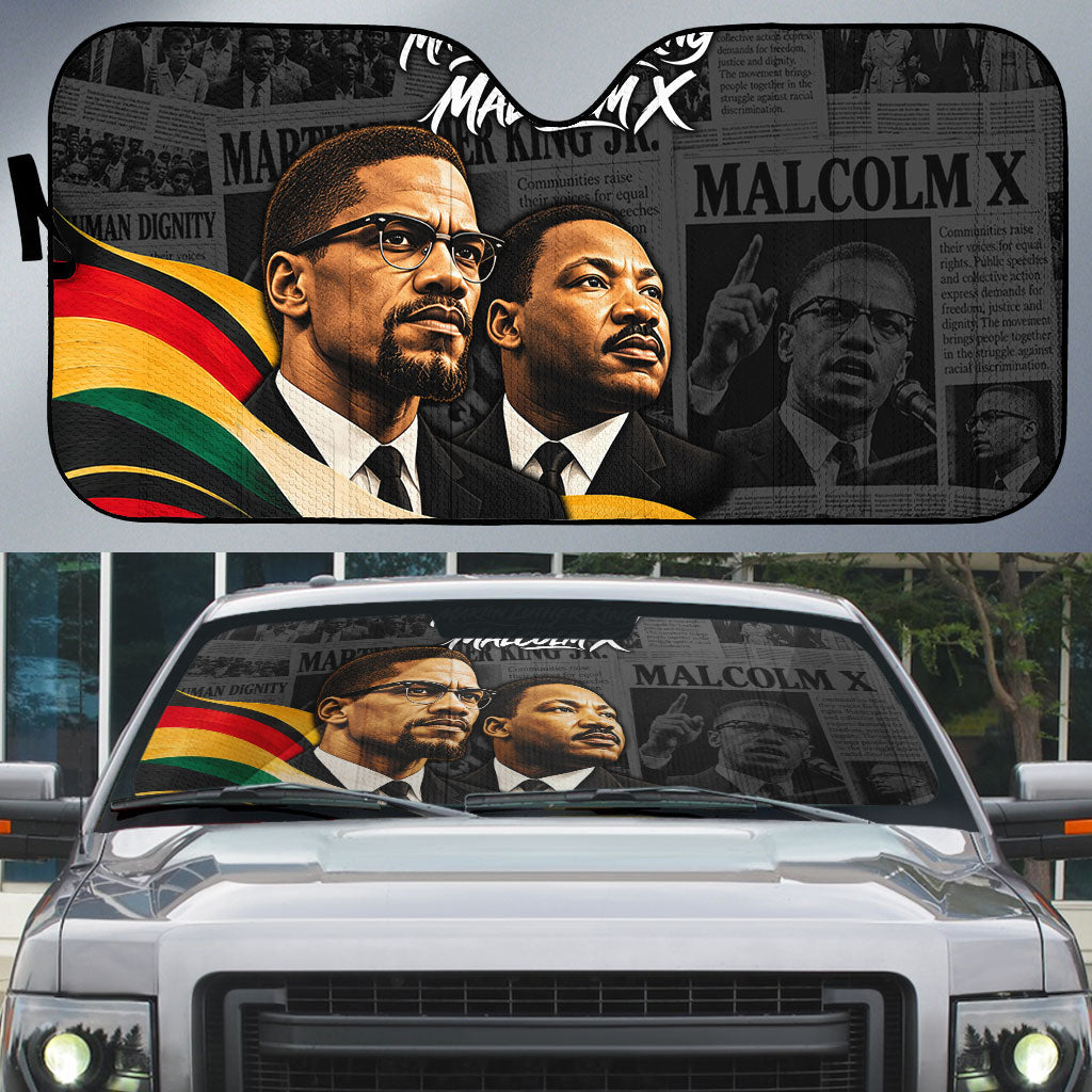 MLK And Malcolm X Civil Rights Auto Sun Shade Martin Luther King Jr - Pan African Flag - Vintage Newspaper