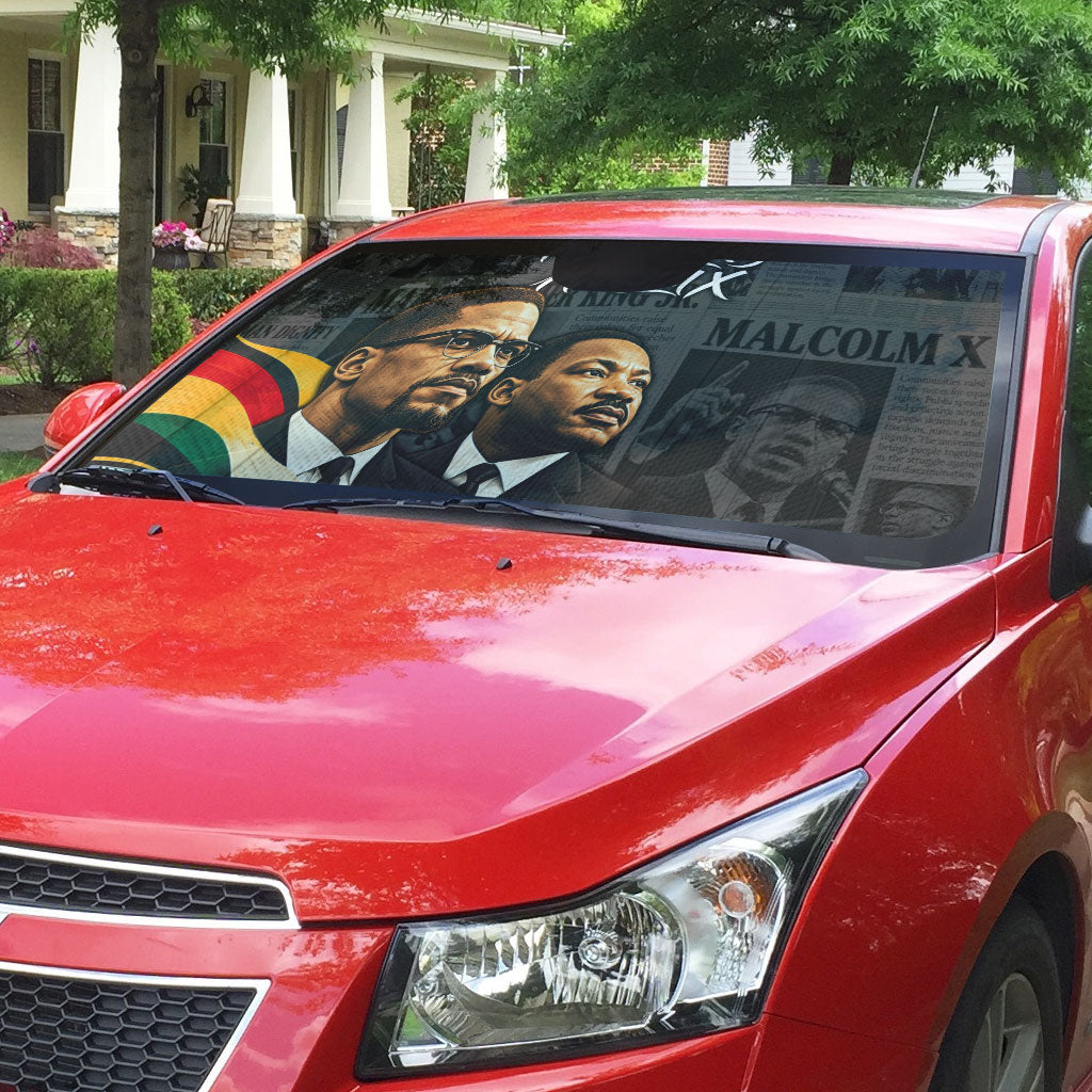 MLK And Malcolm X Civil Rights Auto Sun Shade Martin Luther King Jr - Pan African Flag - Vintage Newspaper