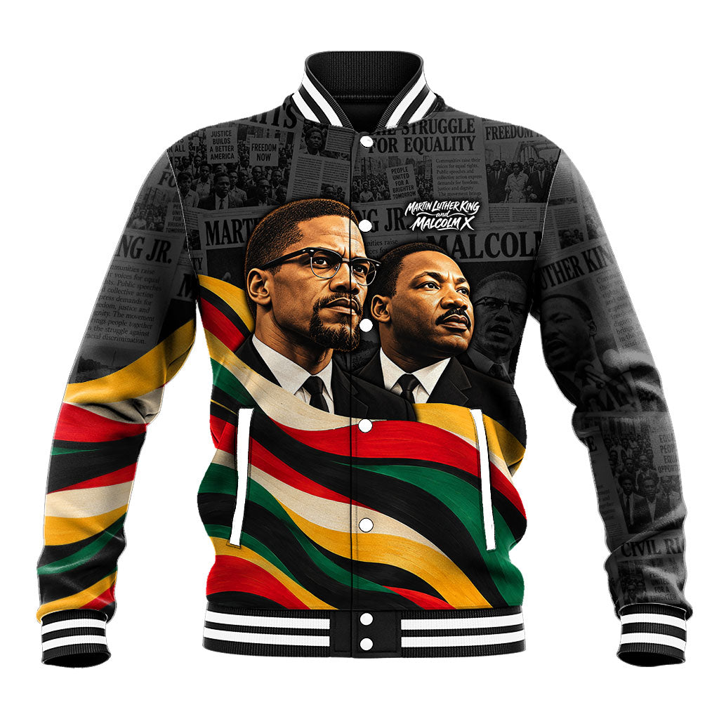 MLK And Malcolm X Civil Rights Baseball Jacket Martin Luther King Jr - Pan African Flag - Vintage Newspaper