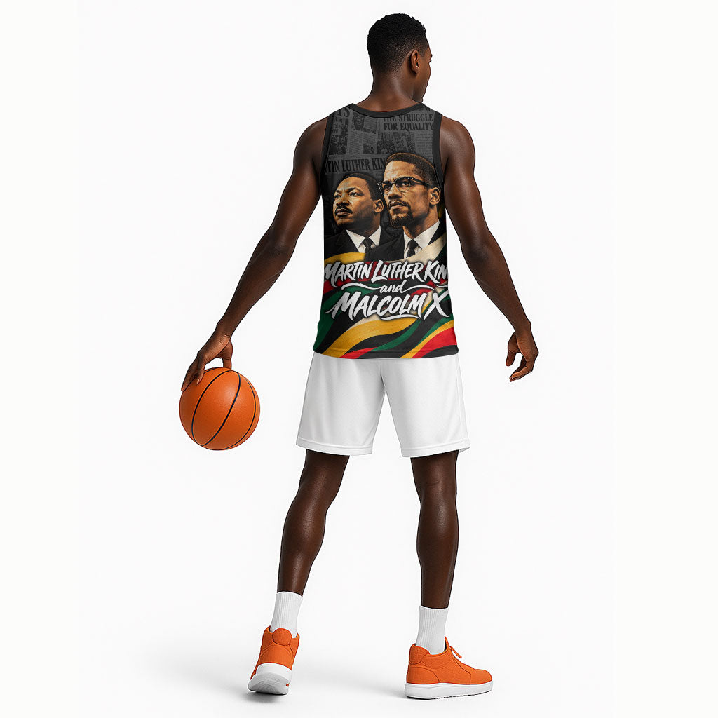 MLK And Malcolm X Civil Rights Basketball Jersey Martin Luther King Jr - Pan African Flag - Vintage Newspaper