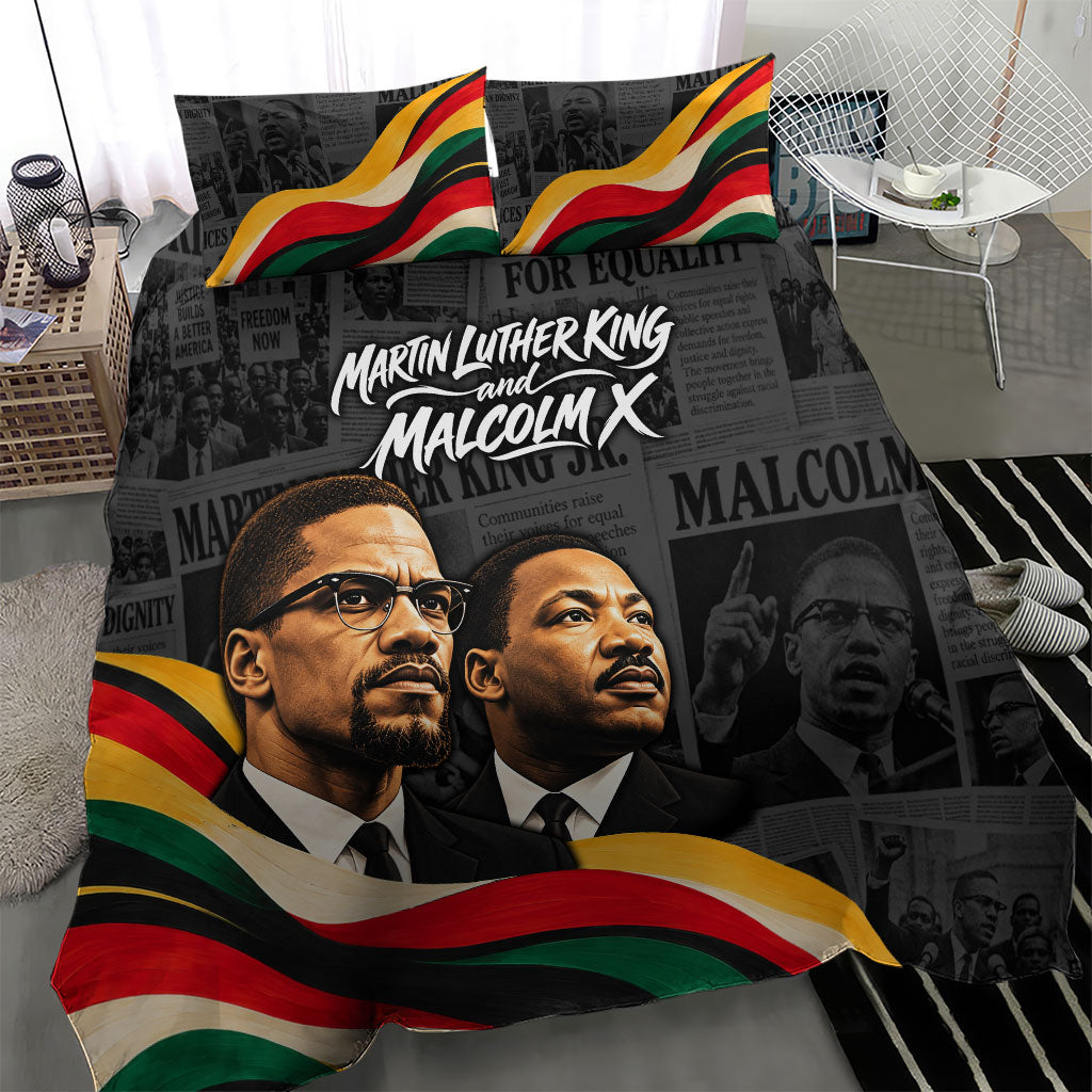 MLK And Malcolm X Civil Rights Bedding Set Martin Luther King Jr - Pan African Flag - Vintage Newspaper