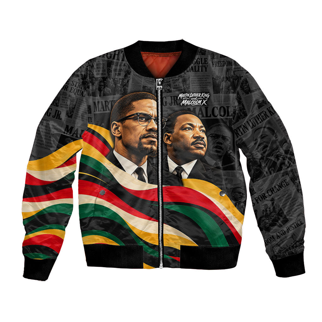 MLK And Malcolm X Civil Rights Bomber Jacket Martin Luther King Jr - Pan African Flag - Vintage Newspaper