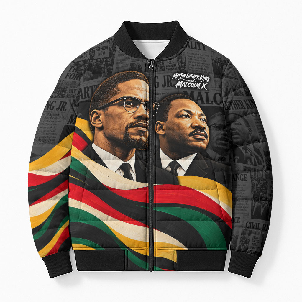MLK And Malcolm X Civil Rights Bomber Puffer Jacket Martin Luther King Jr - Pan African Flag - Vintage Newspaper