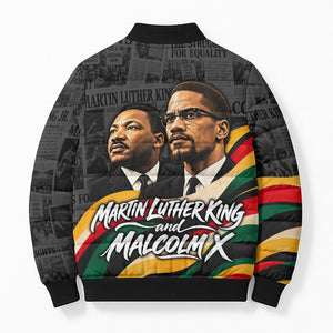 MLK And Malcolm X Civil Rights Bomber Puffer Jacket Martin Luther King Jr - Pan African Flag - Vintage Newspaper