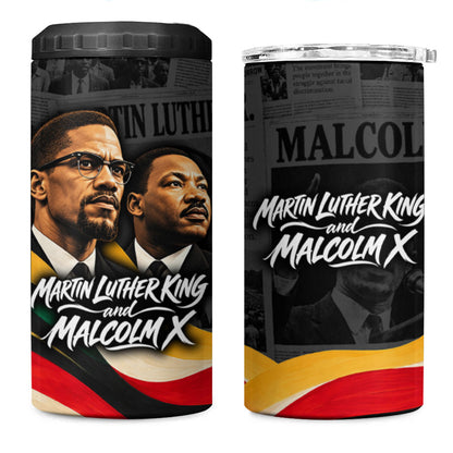 MLK And Malcolm X Civil Rights 4 in 1 Can Cooler Tumbler Martin Luther King Jr - Pan African Flag - Vintage Newspaper