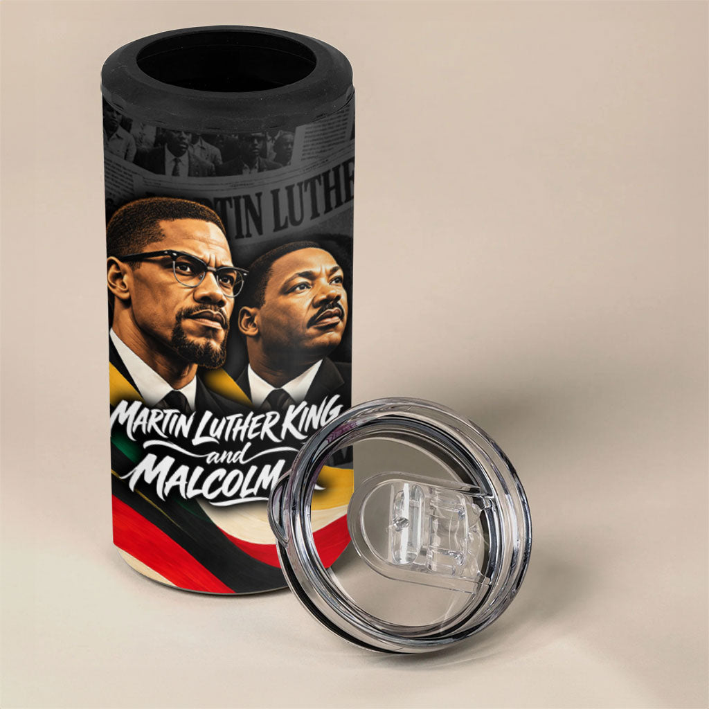MLK And Malcolm X Civil Rights 4 in 1 Can Cooler Tumbler Martin Luther King Jr - Pan African Flag - Vintage Newspaper