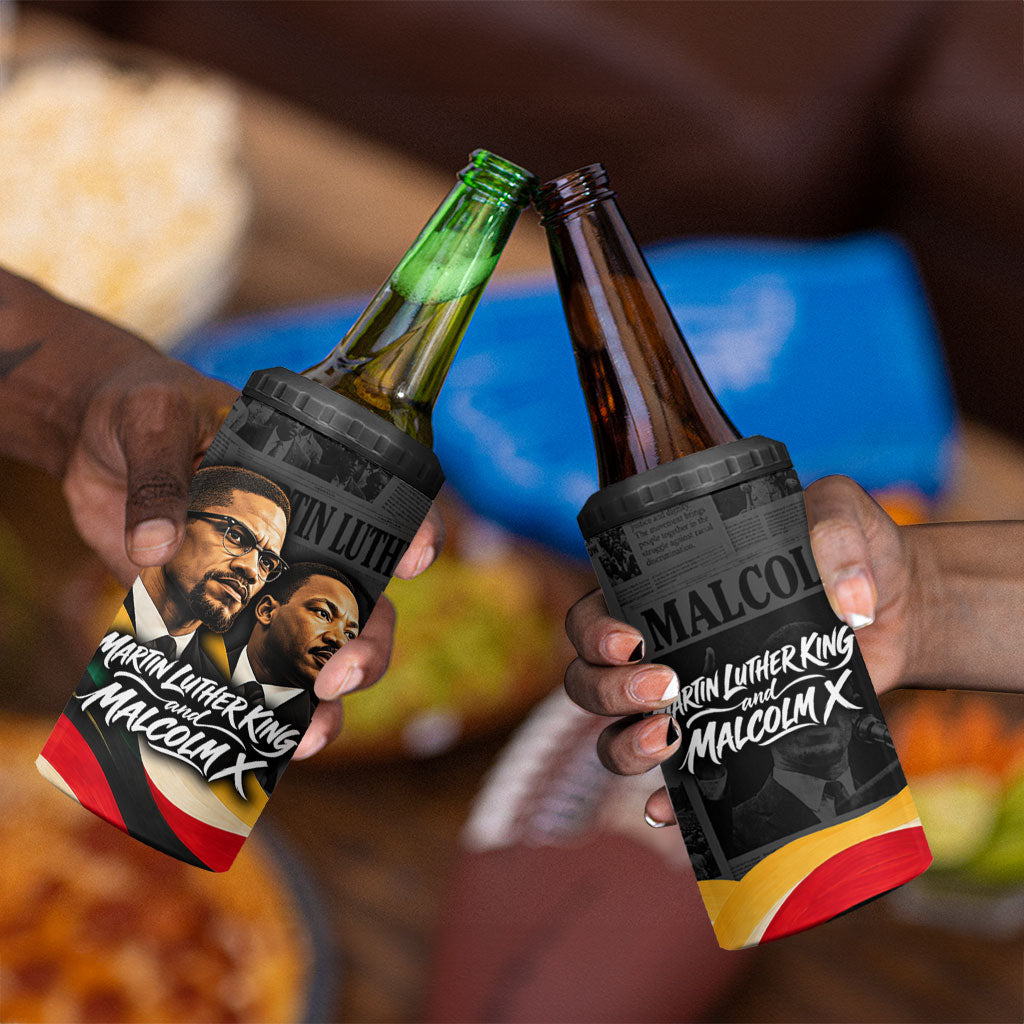 MLK And Malcolm X Civil Rights 4 in 1 Can Cooler Tumbler Martin Luther King Jr - Pan African Flag - Vintage Newspaper