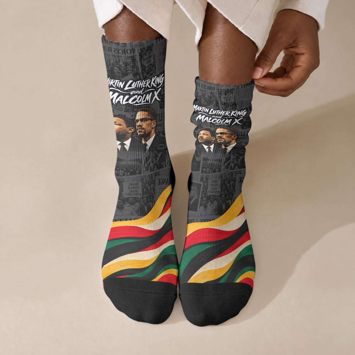 MLK And Malcolm X Civil Rights Crew Socks Martin Luther King Jr - Pan African Flag - Vintage Newspaper