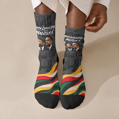 MLK And Malcolm X Civil Rights Crew Socks Martin Luther King Jr - Pan African Flag - Vintage Newspaper