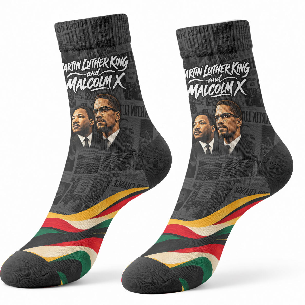 MLK And Malcolm X Civil Rights Crew Socks Martin Luther King Jr - Pan African Flag - Vintage Newspaper