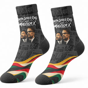MLK And Malcolm X Civil Rights Crew Socks Martin Luther King Jr - Pan African Flag - Vintage Newspaper