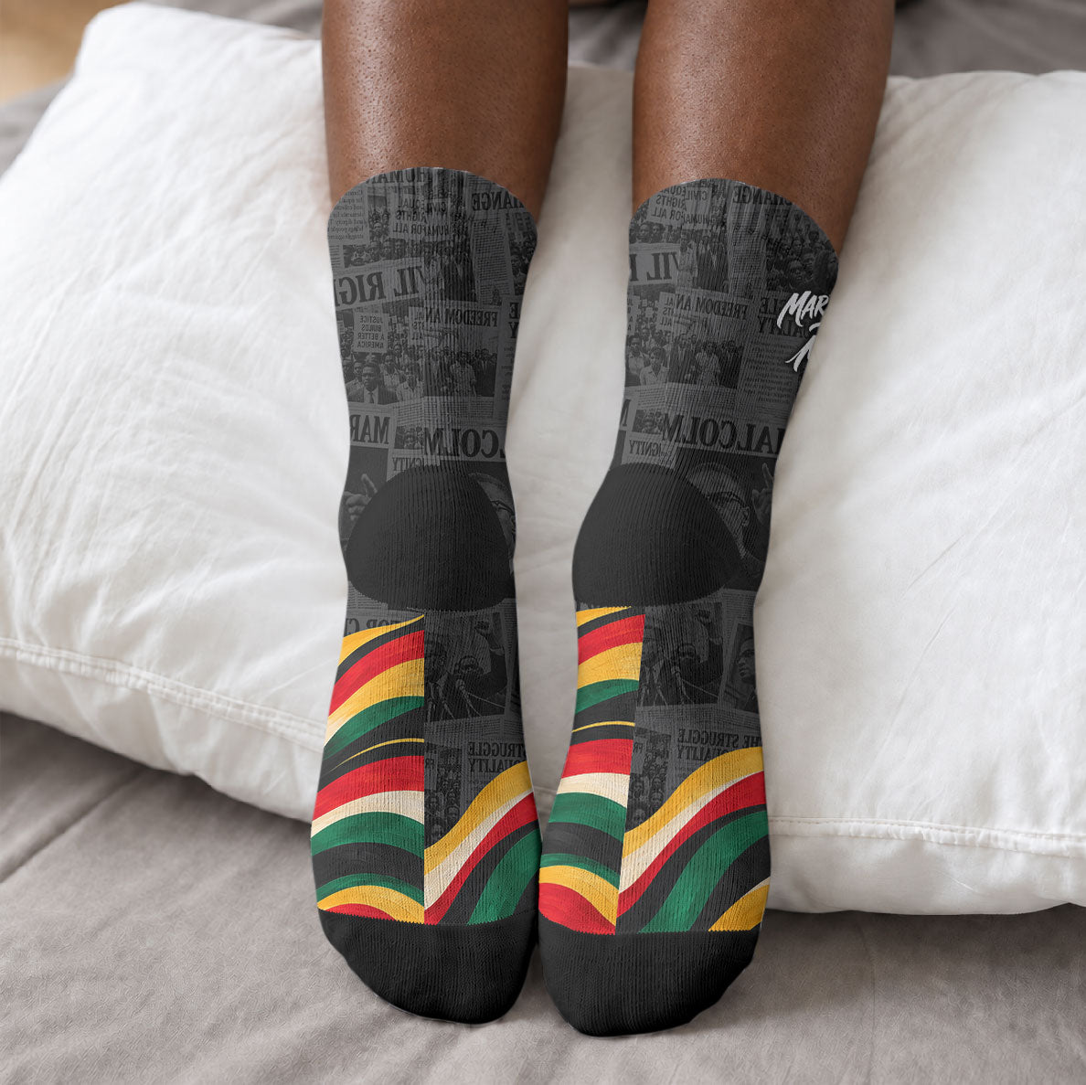MLK And Malcolm X Civil Rights Crew Socks Martin Luther King Jr - Pan African Flag - Vintage Newspaper