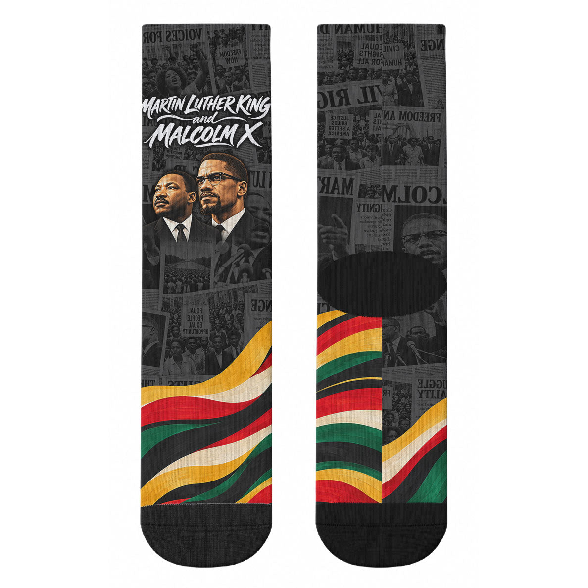 MLK And Malcolm X Civil Rights Crew Socks Martin Luther King Jr - Pan African Flag - Vintage Newspaper