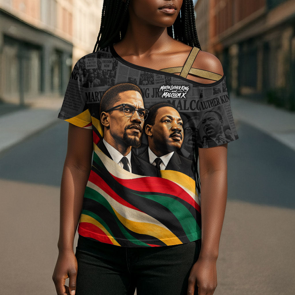 MLK And Malcolm X Civil Rights Cross Shoulder Shirt Martin Luther King Jr - Pan African Flag - Vintage Newspaper
