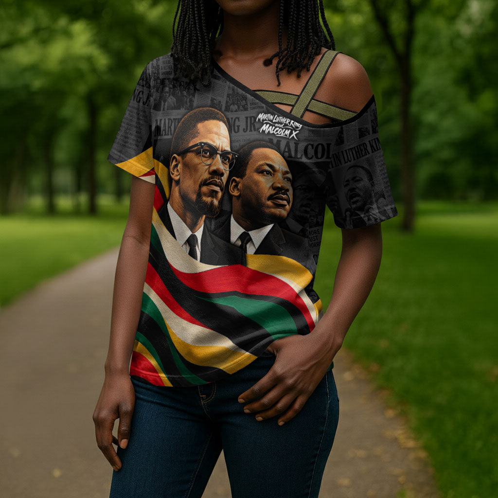 MLK And Malcolm X Civil Rights Cross Shoulder Shirt Martin Luther King Jr - Pan African Flag - Vintage Newspaper