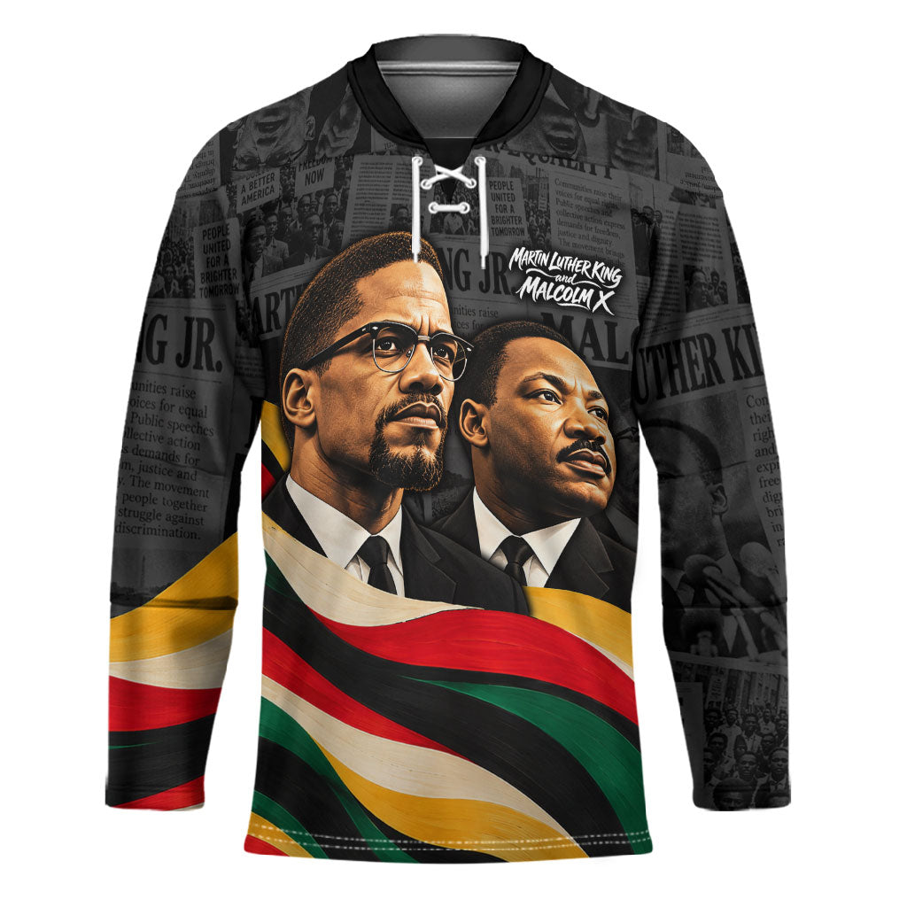 MLK And Malcolm X Civil Rights Hockey Jersey Martin Luther King Jr - Pan African Flag - Vintage Newspaper