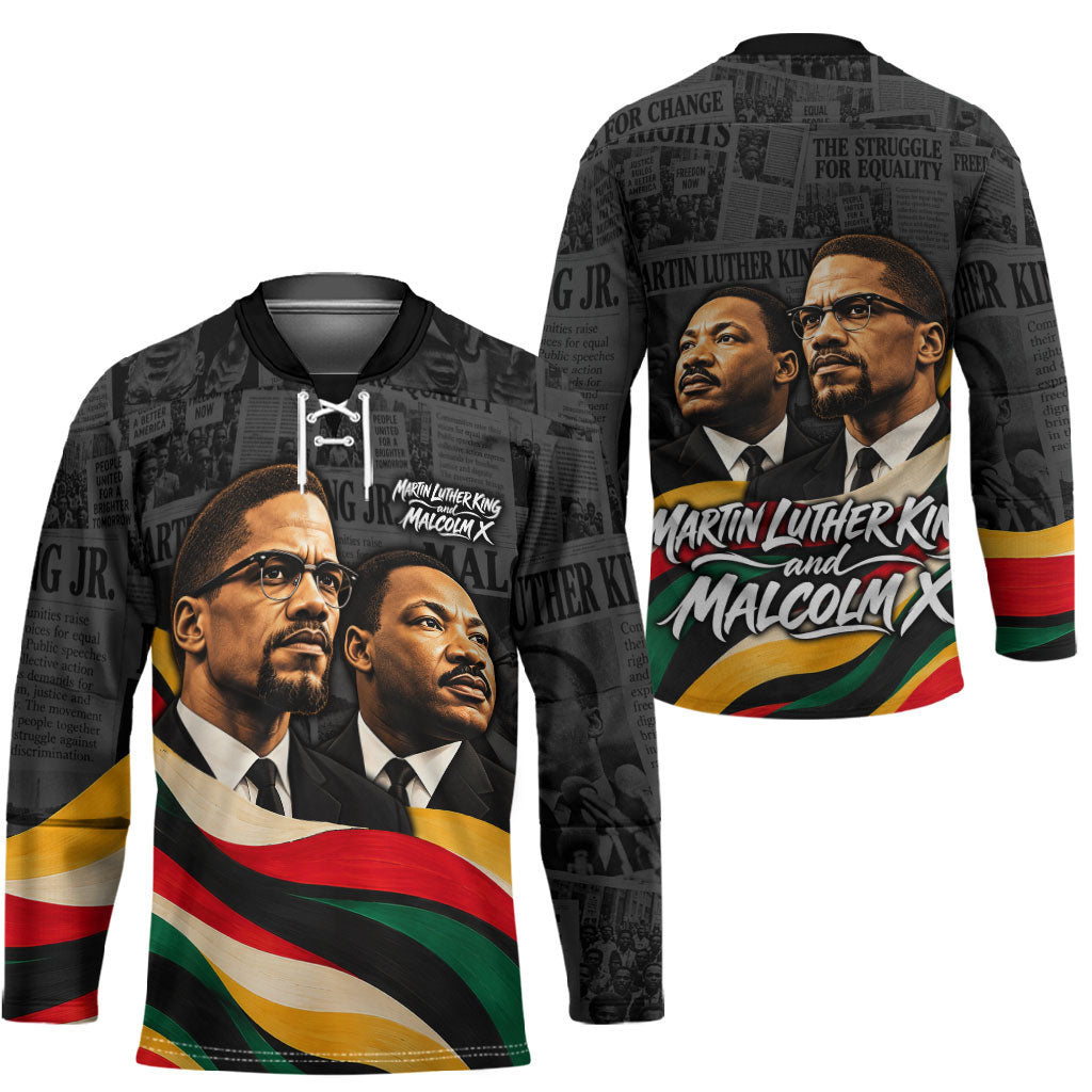 MLK And Malcolm X Civil Rights Hockey Jersey Martin Luther King Jr - Pan African Flag - Vintage Newspaper