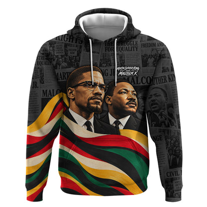 MLK And Malcolm X Civil Rights Hoodie Martin Luther King Jr - Pan African Flag - Vintage Newspaper