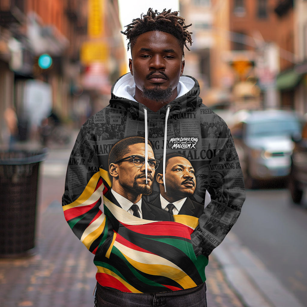 MLK And Malcolm X Civil Rights Hoodie Martin Luther King Jr - Pan African Flag - Vintage Newspaper