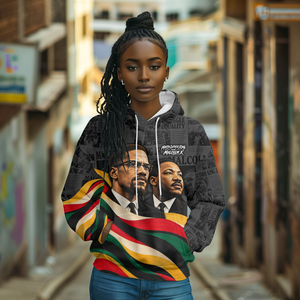 MLK And Malcolm X Civil Rights Hoodie Martin Luther King Jr - Pan African Flag - Vintage Newspaper