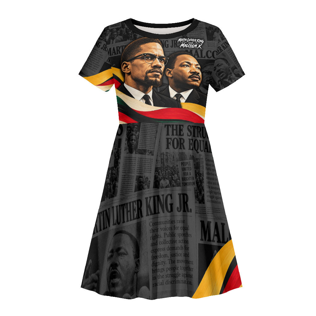 MLK And Malcolm X Civil Rights Kid Short Sleeve Dress Martin Luther King Jr - Pan African Flag - Vintage Newspaper